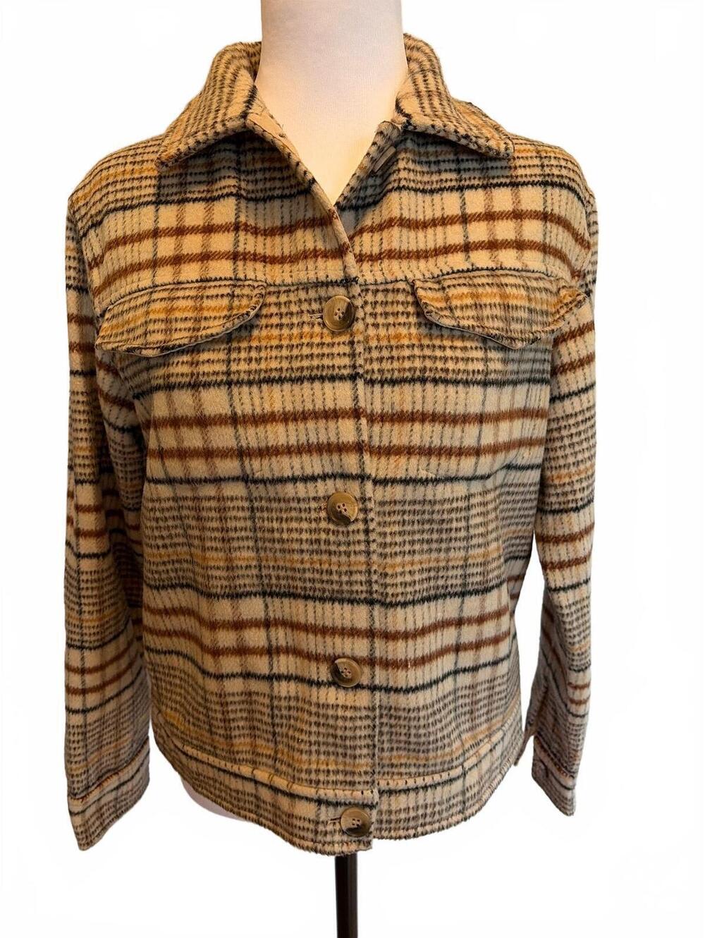 Joie XS Beige Brown Plaid Boxy Crop Shacket Academia Cabincore Fall Prep Indie